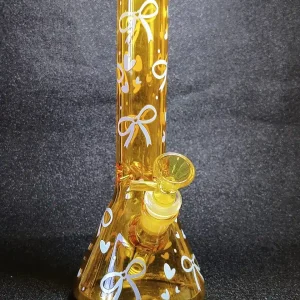 10-Inch Honey Yellow Glass Beaker Bong with Blue Ribbon Details