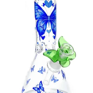 10 Inch Blue Butterfly Beaker Bong in 5mm Borosilicate Glass - Green Butterfly Bowl