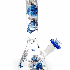 10 Inch Blue Rose & Butterfly Beaker Glass Bong
