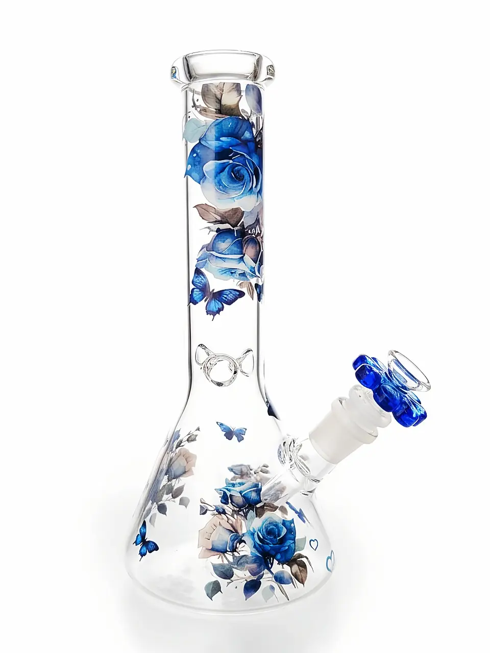 10 Inch Blue Rose & Butterfly Beaker Glass Bong