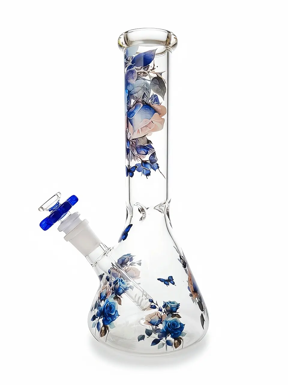 10 Inch Blue Rose & Butterfly Beaker Glass Bong - Image 3