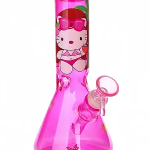 10 Inch Hot Pink Hello Kitty Beach Iridescent Glass Beaker Bong