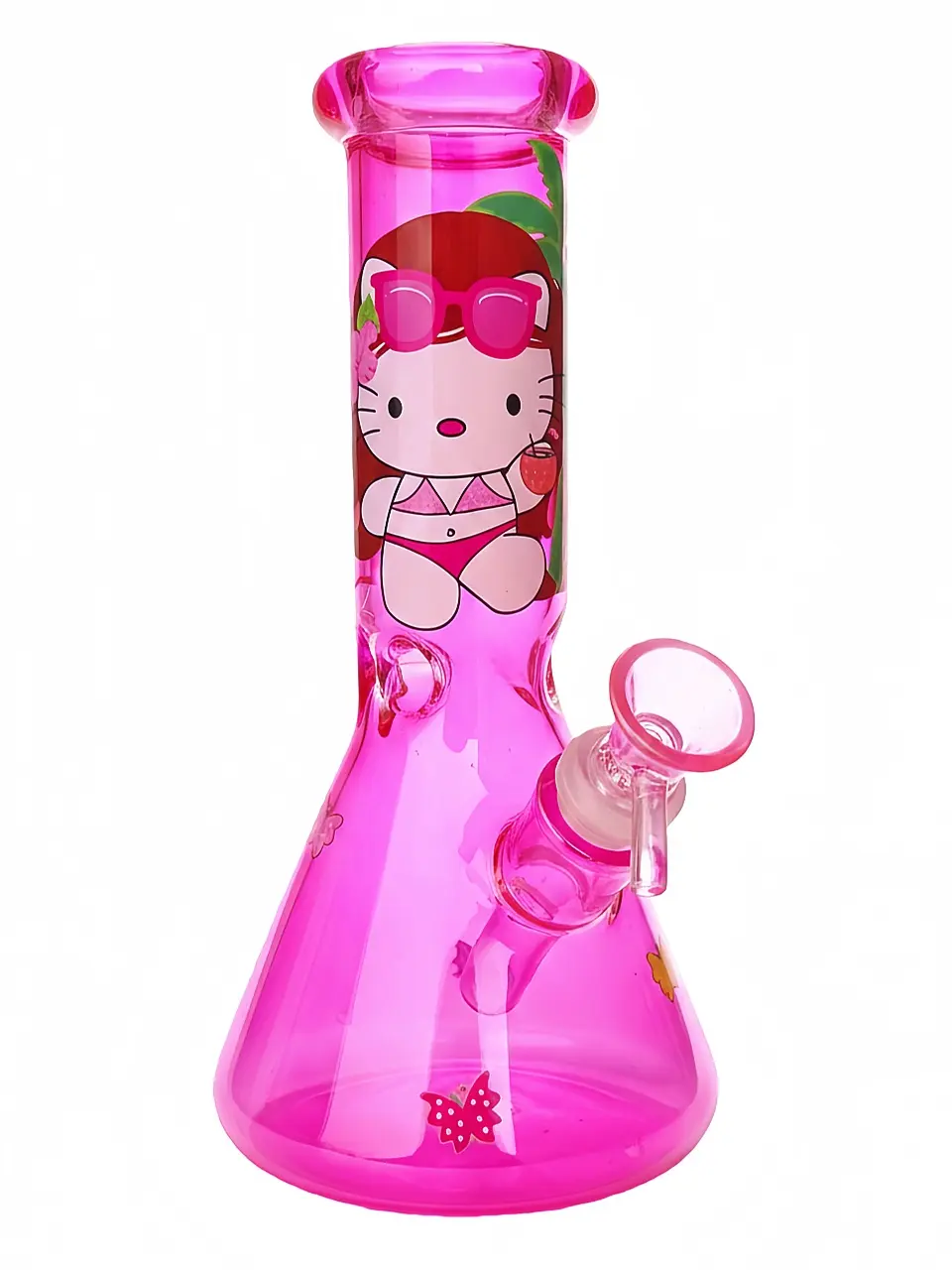 10 Inch Hot Pink Hello Kitty Beach Iridescent Glass Beaker Bong