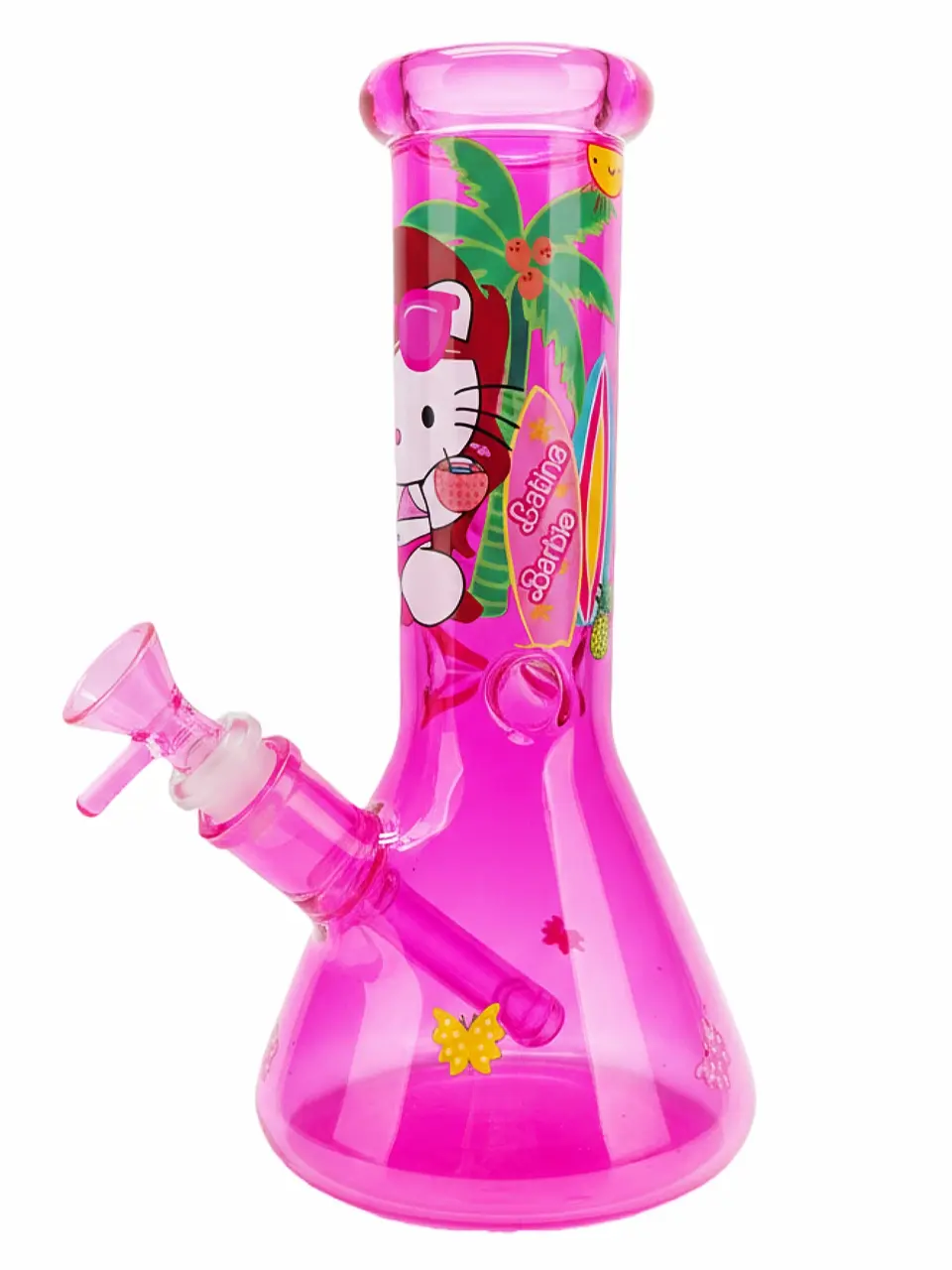 10 Inch Hot Pink Hello Kitty Beach Iridescent Glass Beaker Bong - Image 2