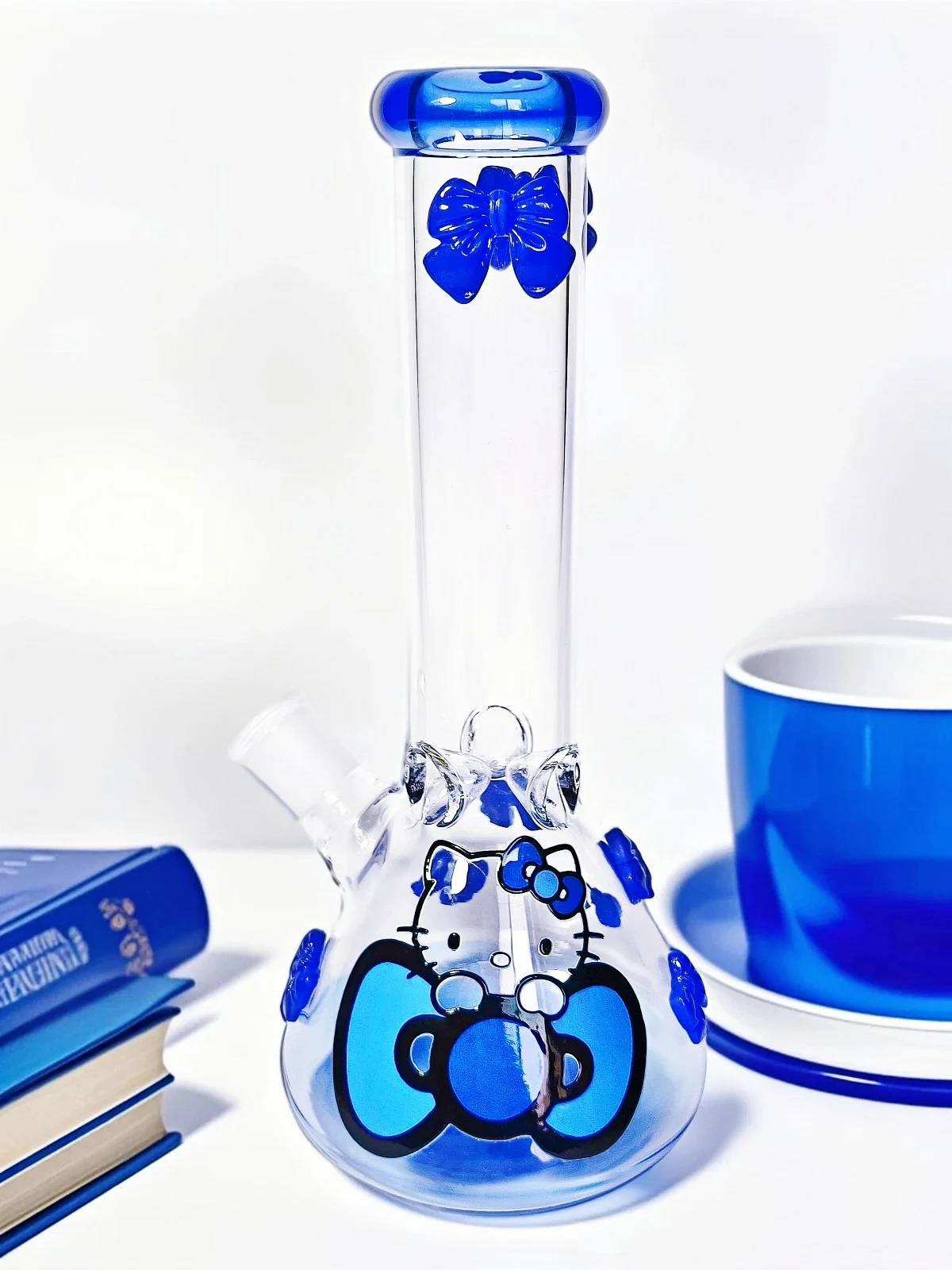 9.5 Inch Blue Hello Kitty Borosilicate Glass Beaker Bong with 3D Bow Accents