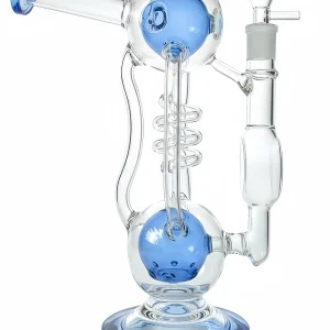 11 Inch Blue Spiral Double-Ball Recycler Glass Bong