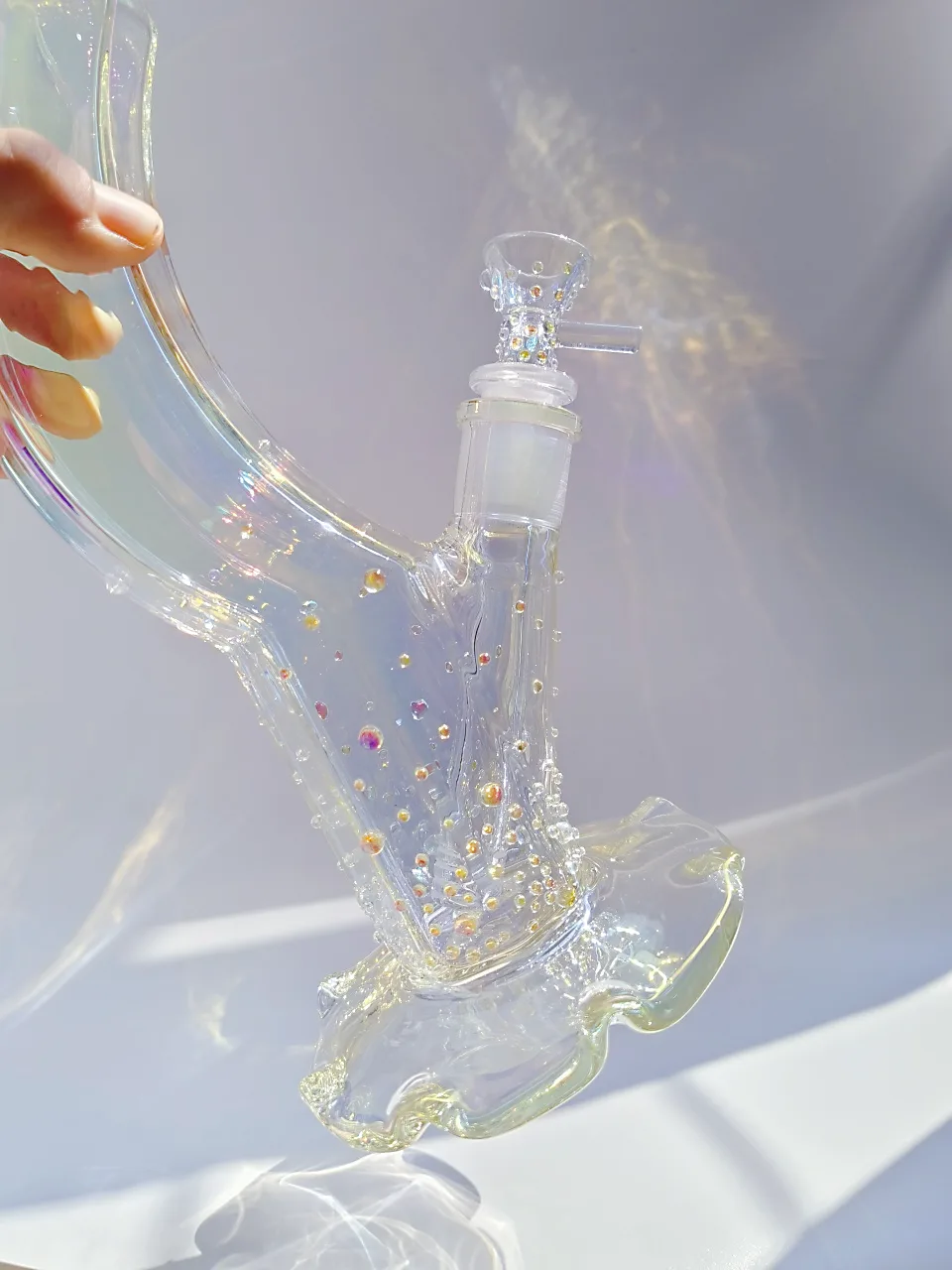 12 Inch Iridescent Borosilicate Glass Curve Bong with Mermaid Beads - Image 7