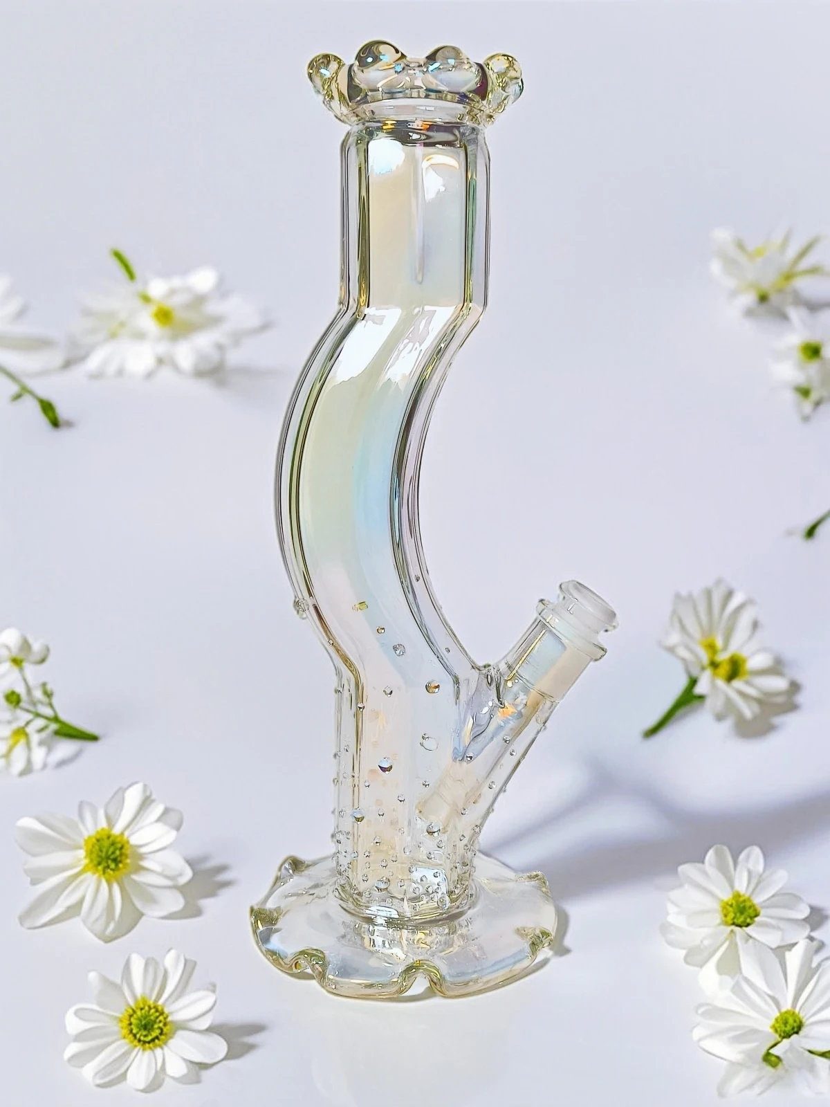 12 Inch Iridescent Borosilicate Glass Curve Bong with Mermaid Beads