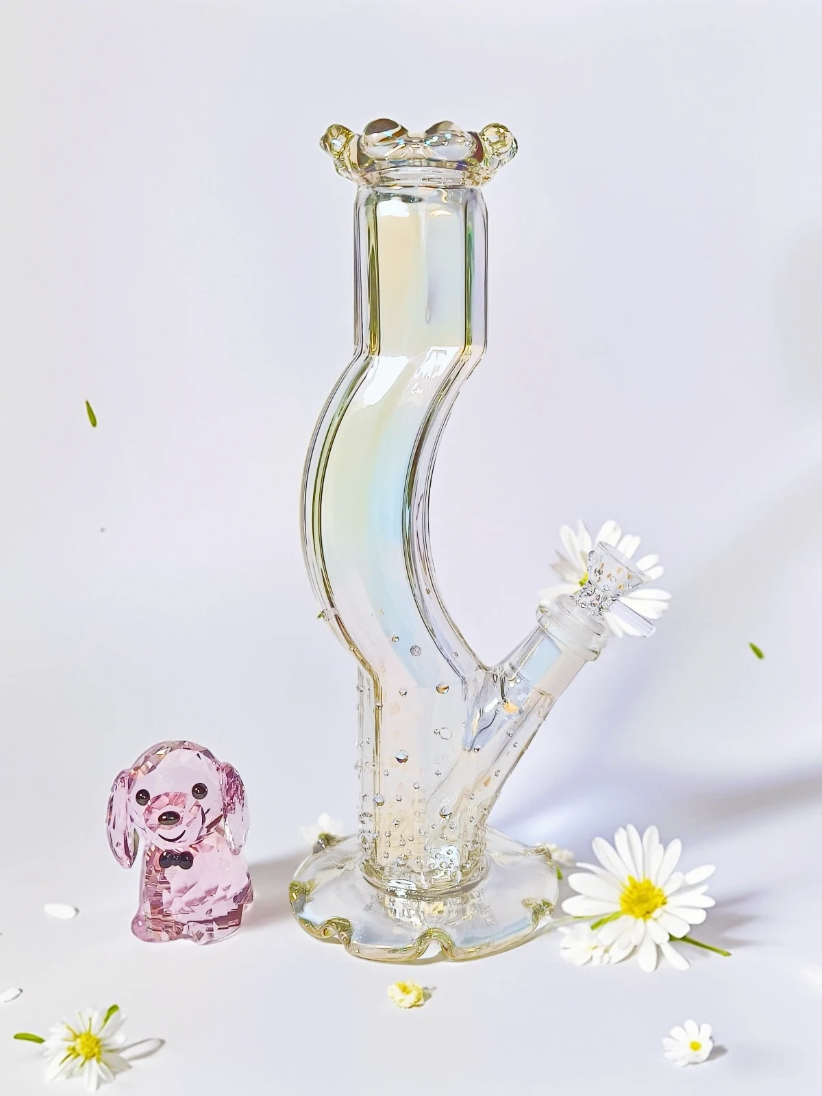 12 Inch Iridescent Borosilicate Glass Curve Bong with Mermaid Beads - Image 3