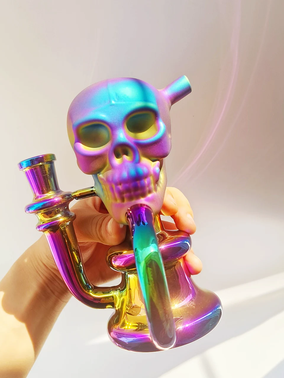 6.5 Inch Iridescent Skull Recycler Glass Bong with Disc Perc - Image 4