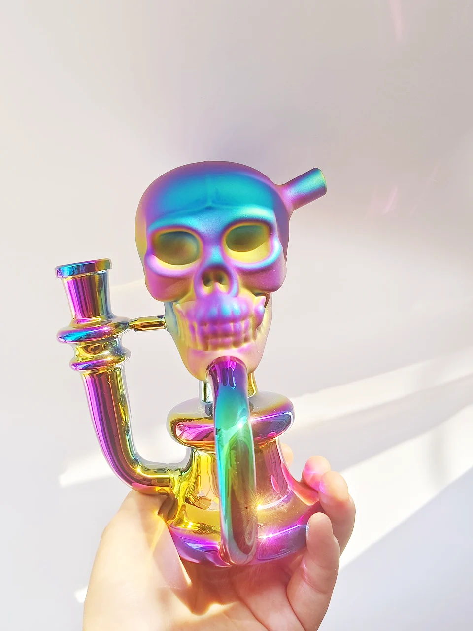6.5 Inch Iridescent Skull Recycler Glass Bong with Disc Perc - Image 3