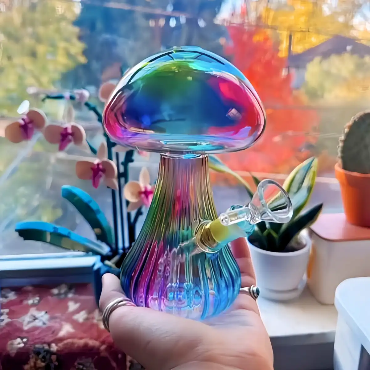 6 Inch Iridescent Mushroom-Shaped Borosilicate Glass Bong - Image 2