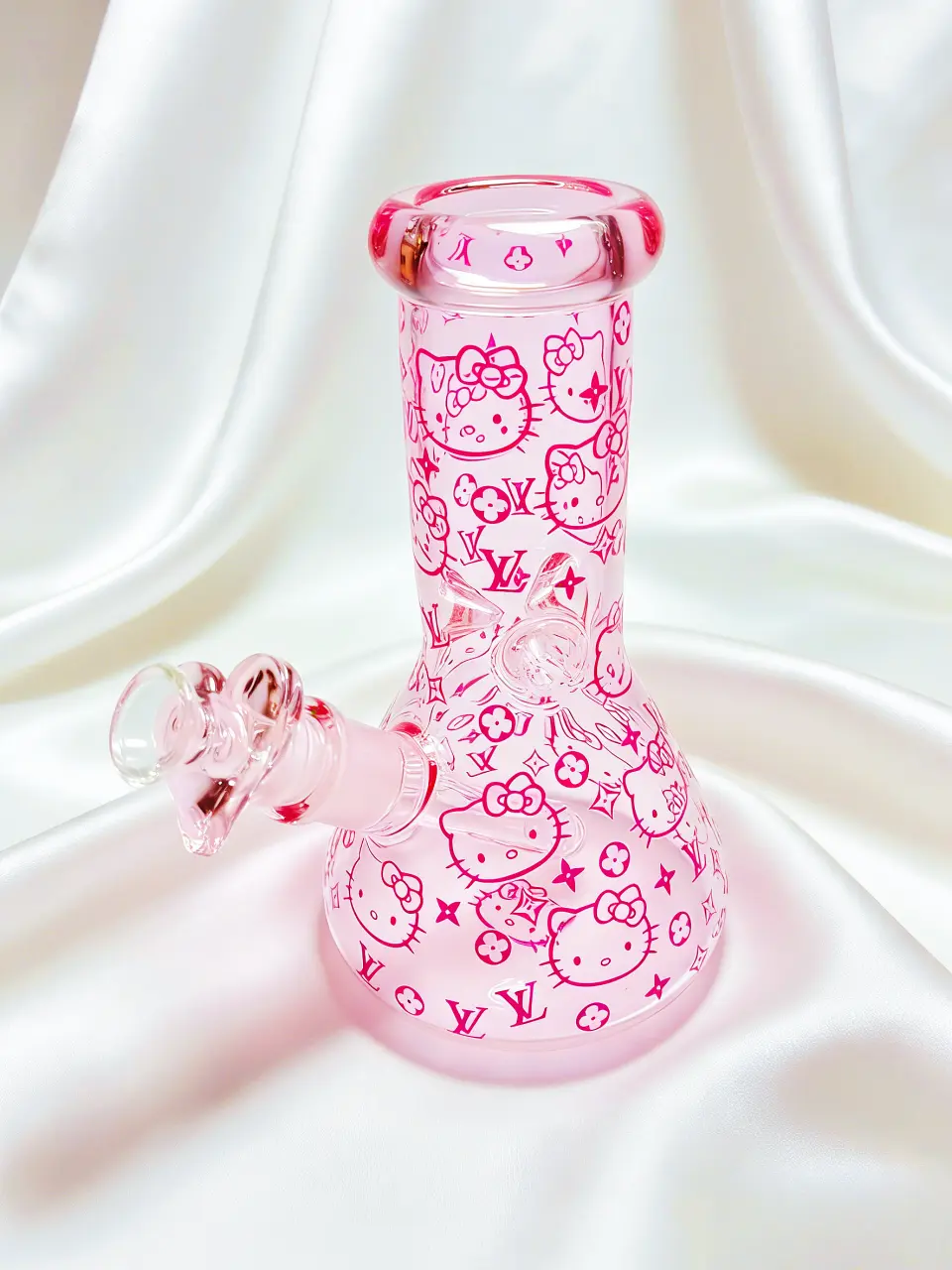 8-Inch 5mm Pink Hello Kitty x LV Monogram Beaker Glass Bong - Image 2