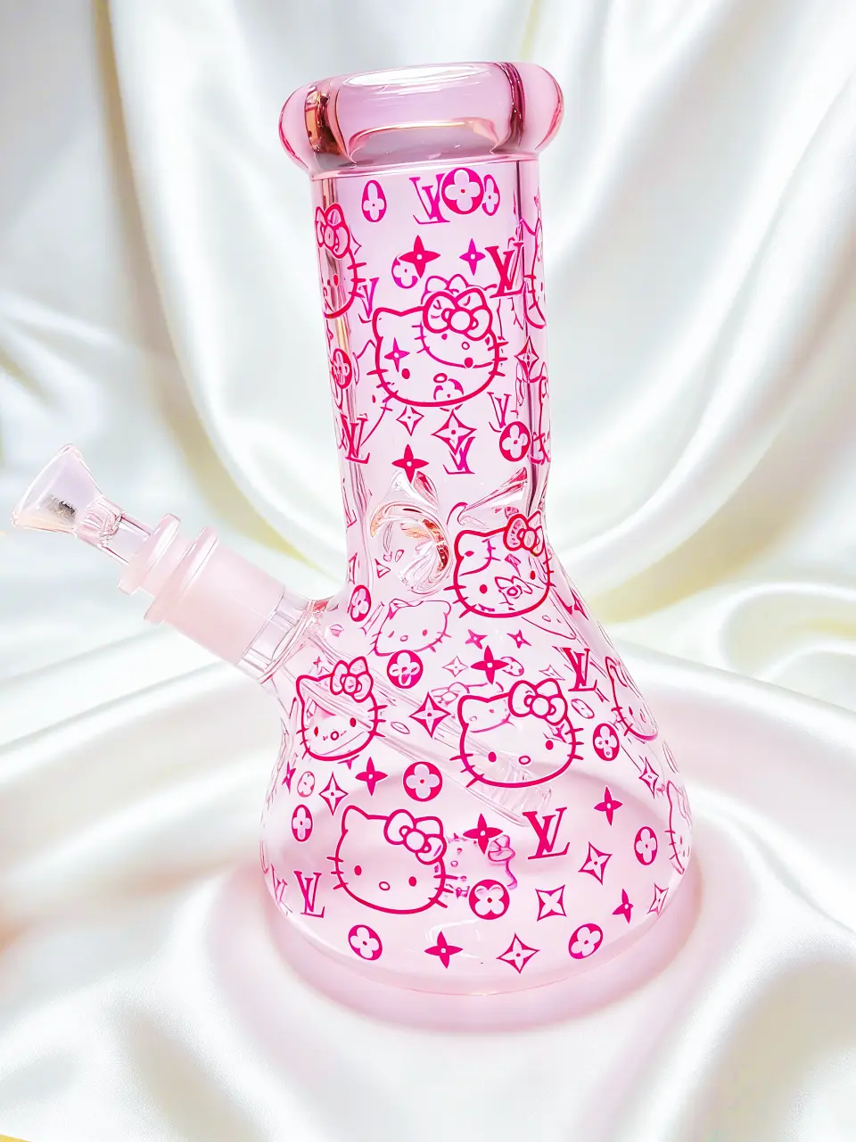 8-Inch 5mm Pink Hello Kitty x LV Monogram Beaker Glass Bong - Image 4