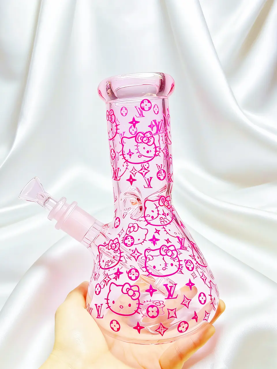 8-Inch 5mm Pink Hello Kitty x LV Monogram Beaker Glass Bong - Image 3