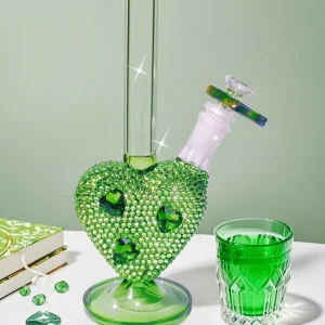 9.5-Inch Green Heart Rhinestone Borosilicate Glass Bong