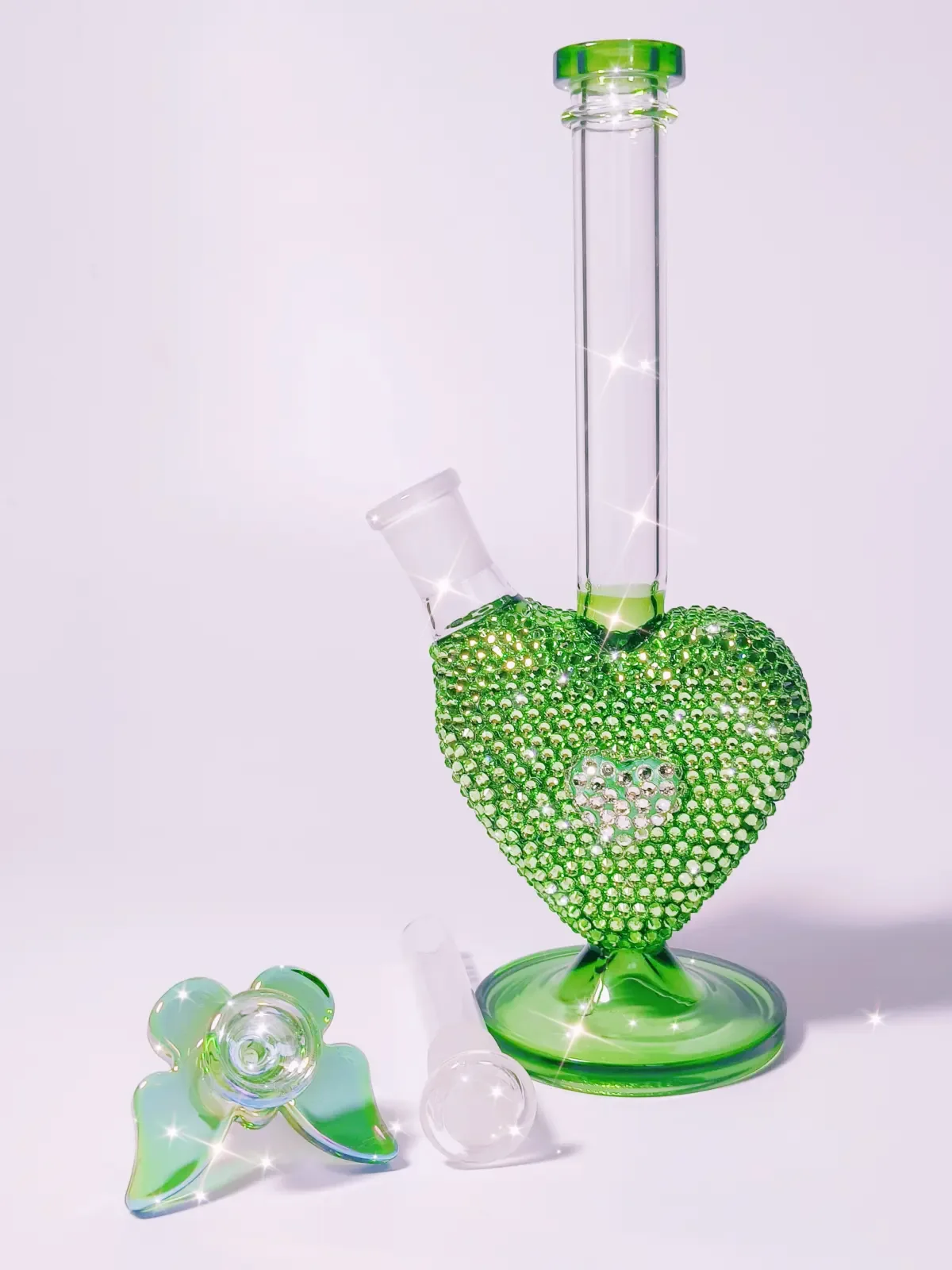 9.5-Inch Green Heart Rhinestone Borosilicate Glass Bong - Image 5