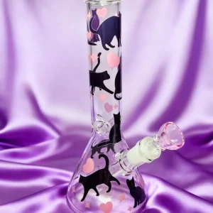 10-Inch Black Cat and Pink Heart Beaker Glass Bong
