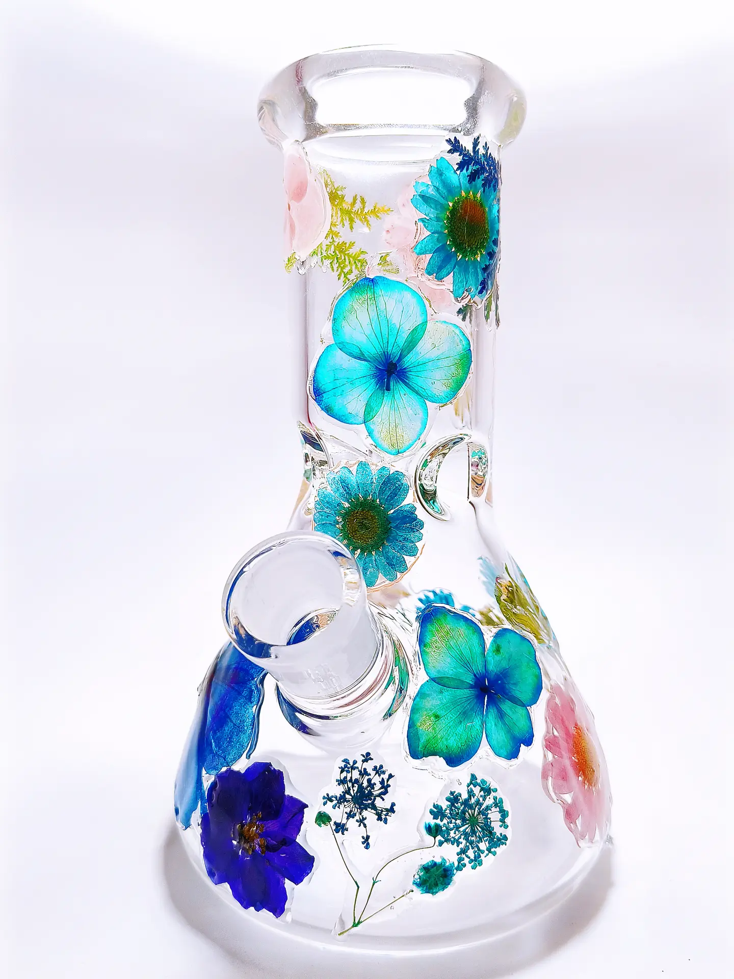 8 Inch Blue & Pink Pressed Flower Beaker Glass Bong - Image 4