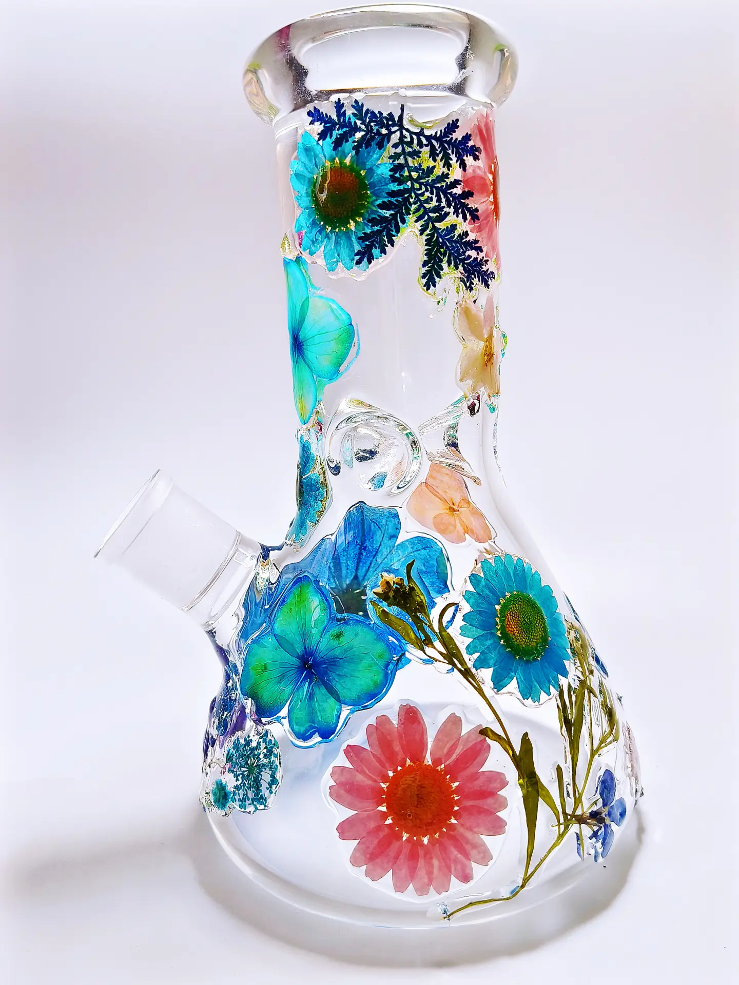 8 Inch Blue & Pink Pressed Flower Beaker Glass Bong - Image 3