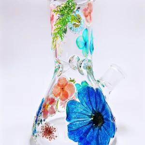 8 Inch Blue & Pink Pressed Flower Beaker Glass Bong