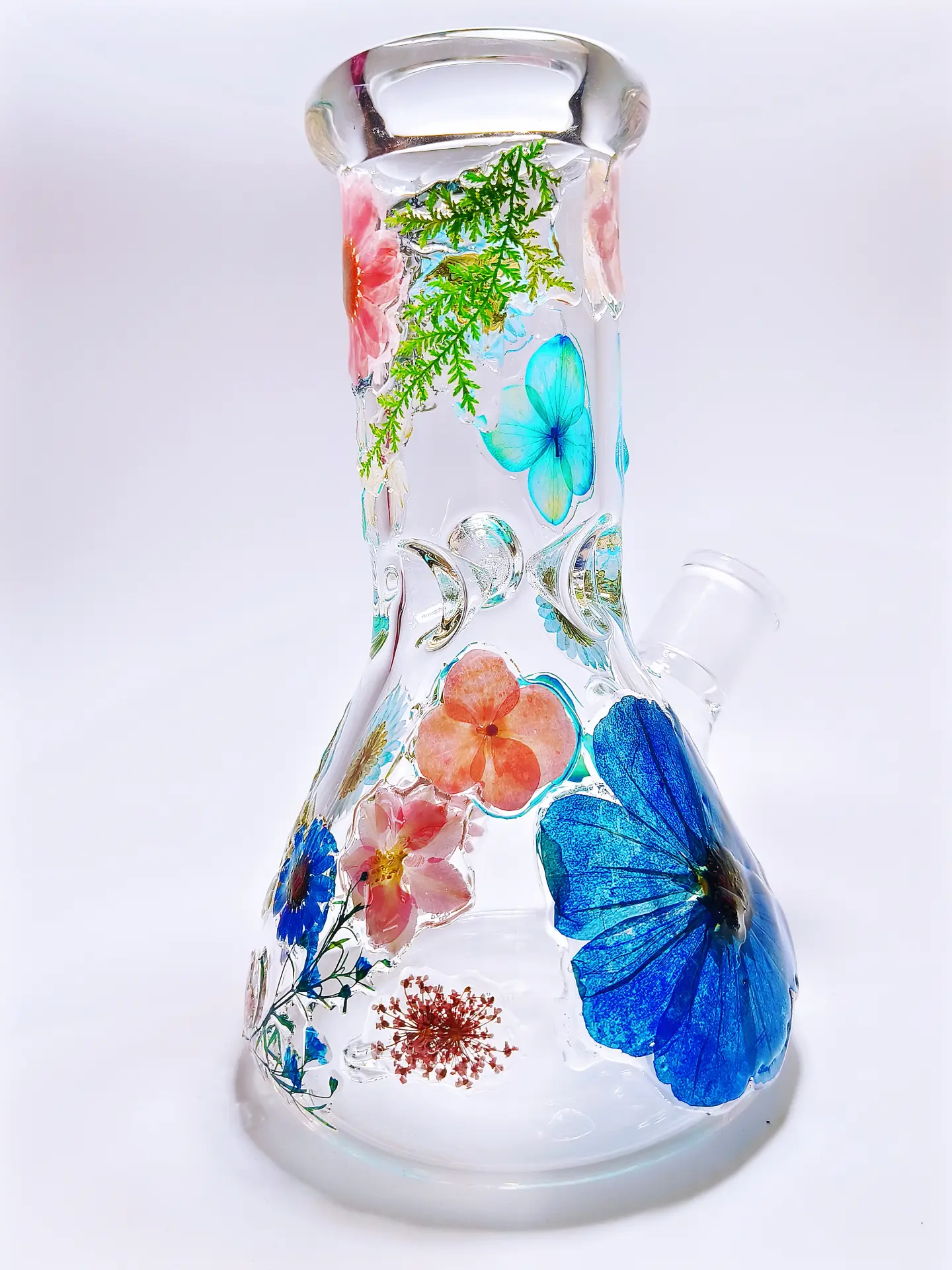 8 Inch Blue & Pink Pressed Flower Beaker Glass Bong - Image 2