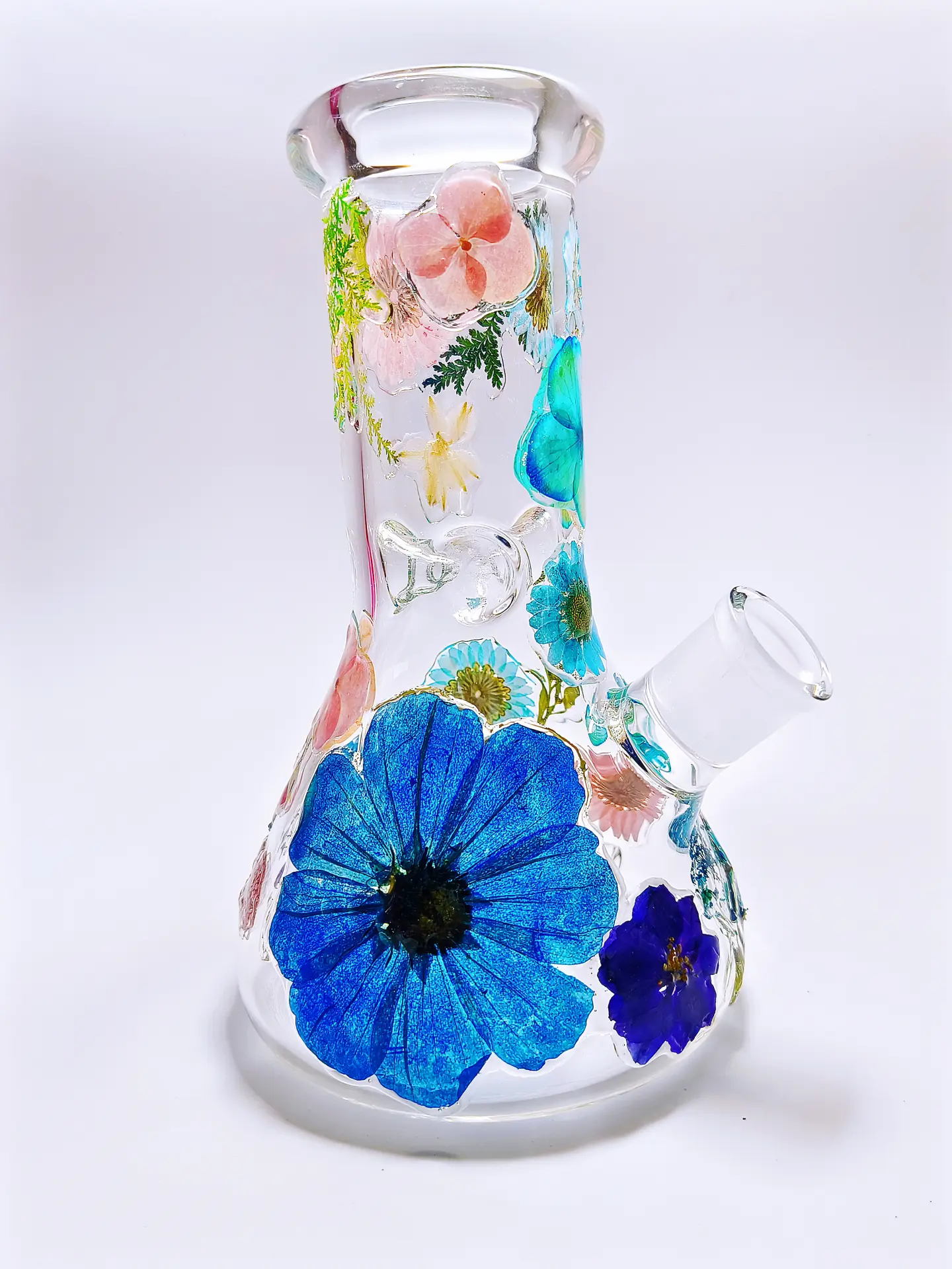 8 Inch Blue & Pink Pressed Flower Beaker Glass Bong - Image 5