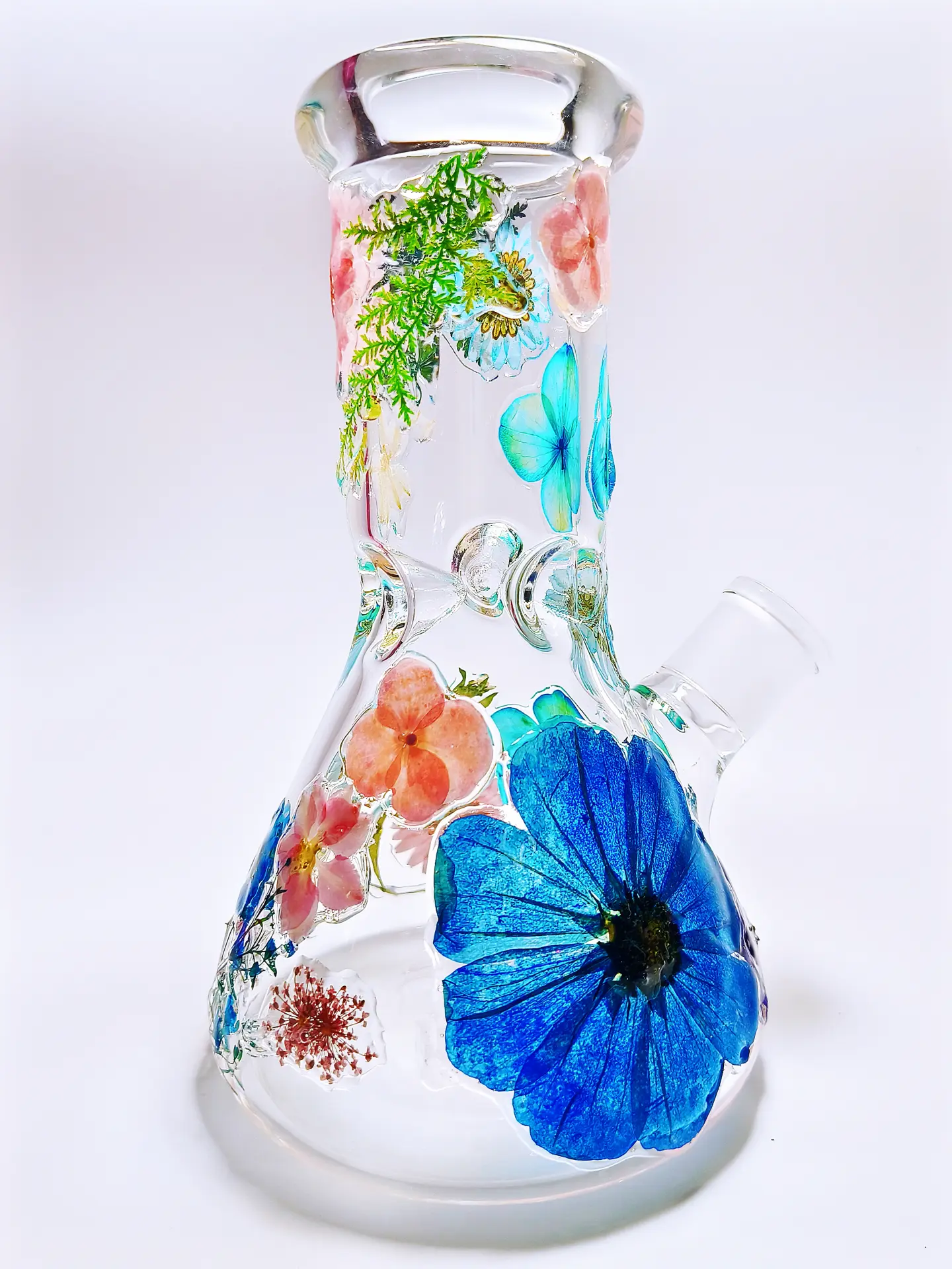 8 Inch Blue & Pink Pressed Flower Beaker Glass Bong