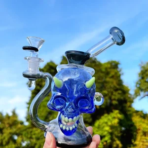 Dual Blue Demon Skull Borosilicate Glass Bong & Dab Rig