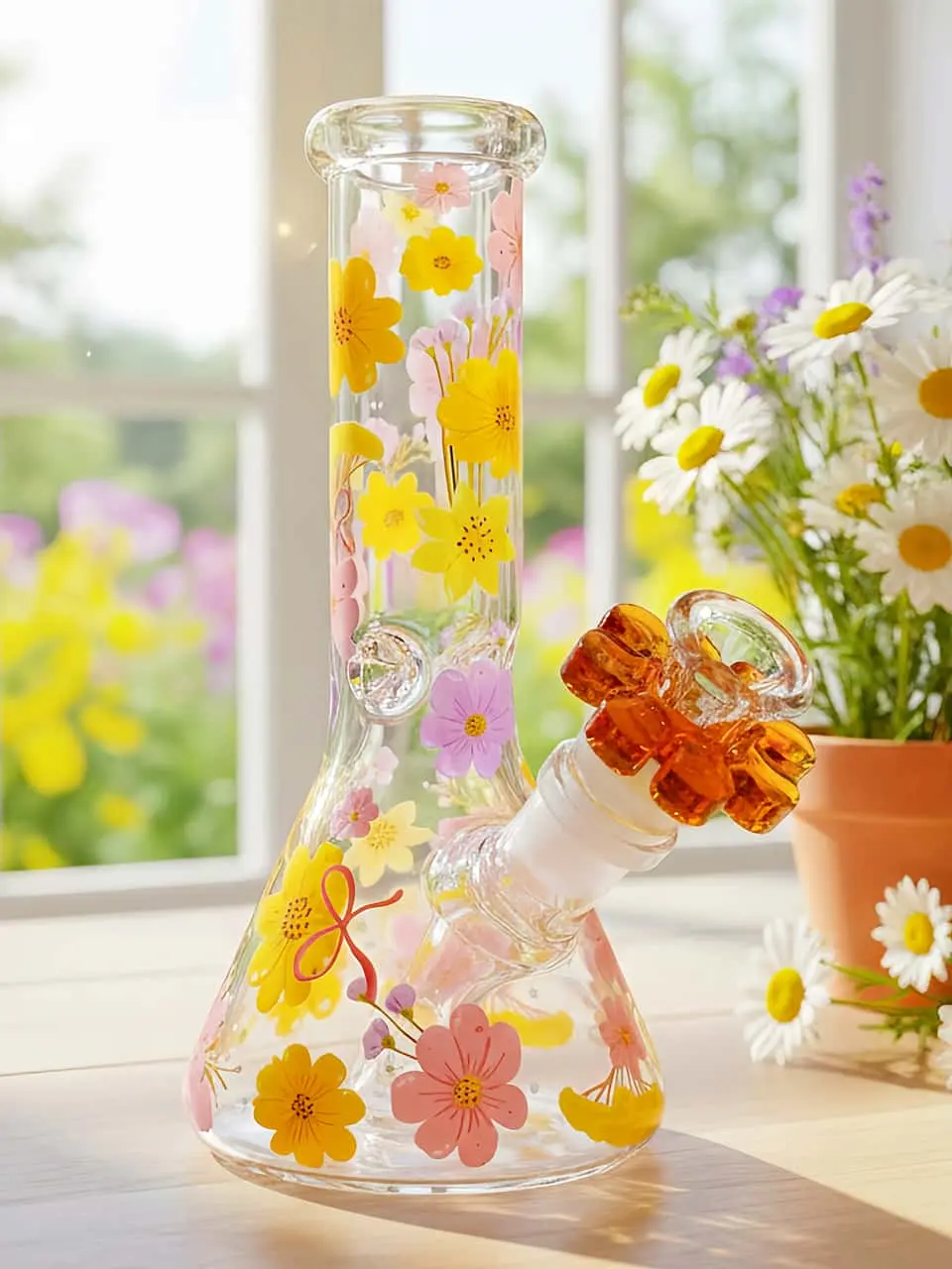 8 Inch Floral Art Beaker Glass Bong - Image 7