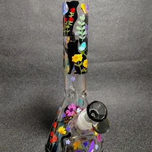 10 Inch Floral Cat & Butterfly Beaker Glass Bong