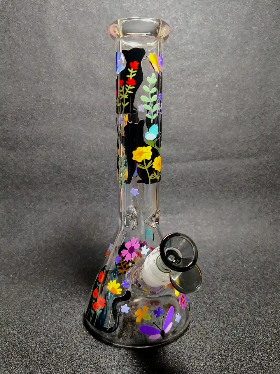 10 Inch Floral Cat & Butterfly Beaker Glass Bong