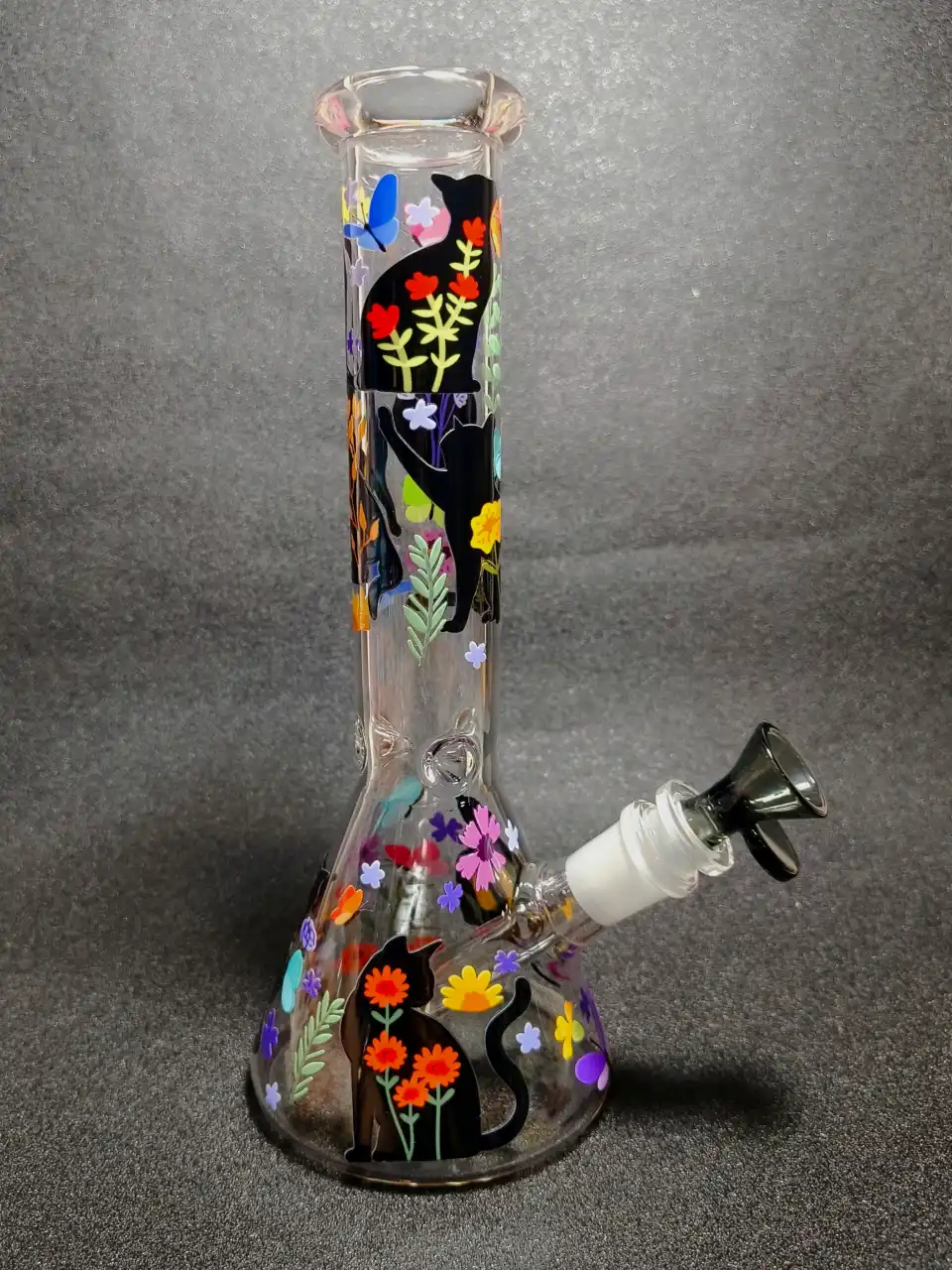 10 Inch Floral Cat & Butterfly Beaker Glass Bong - Image 2