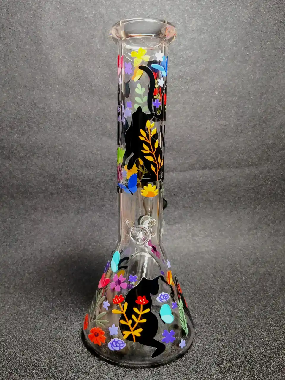 10 Inch Floral Cat & Butterfly Beaker Glass Bong - Image 3