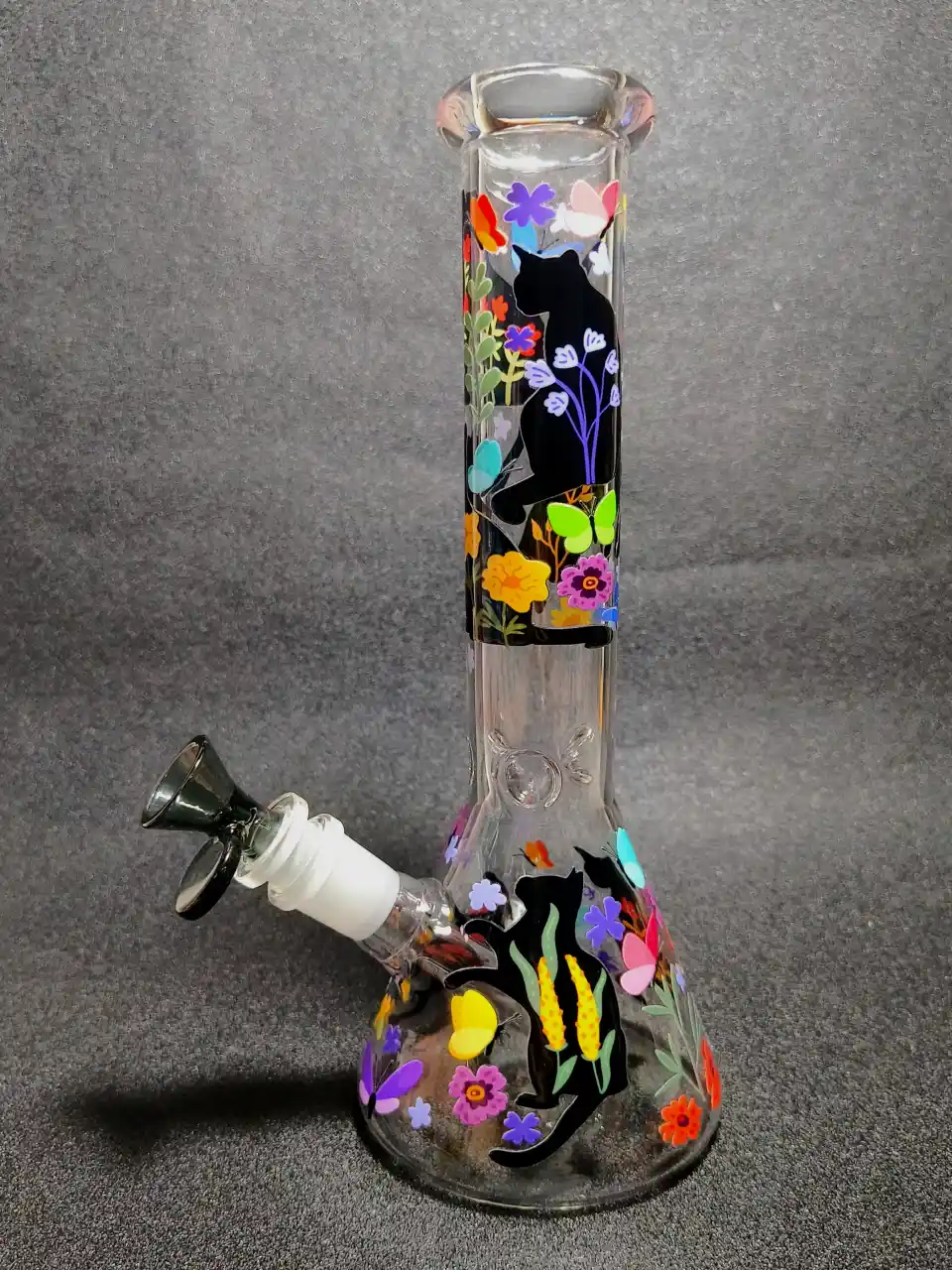 10 Inch Floral Cat & Butterfly Beaker Glass Bong - Image 4