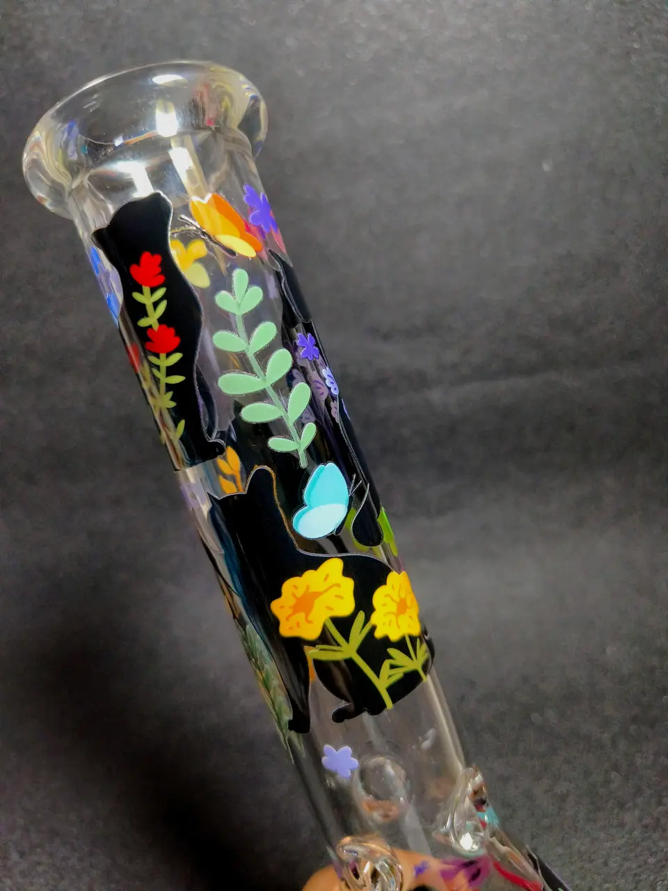 10 Inch Floral Cat & Butterfly Beaker Glass Bong - Image 6