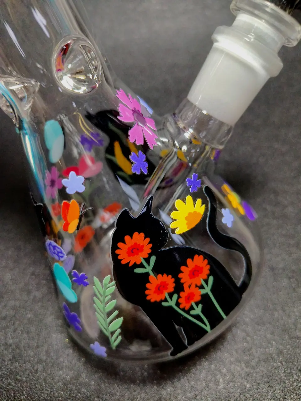 10 Inch Floral Cat & Butterfly Beaker Glass Bong - Image 7