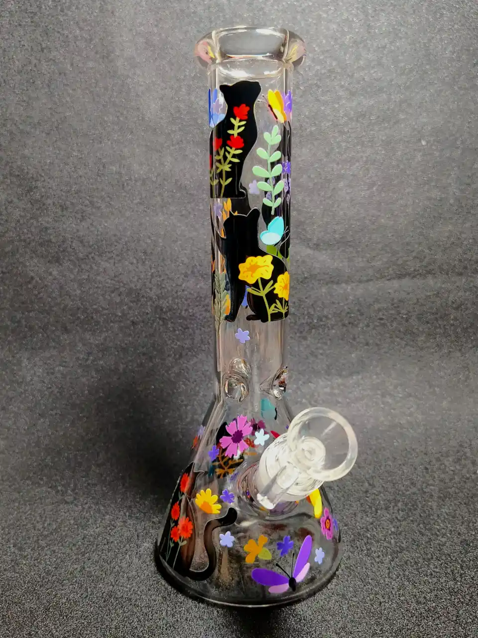 10 Inch Floral Cat & Butterfly Beaker Glass Bong - Image 5