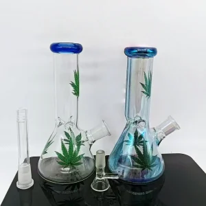 8-Inch Borosilicate Glass Beaker Bong with Green Leaf Design