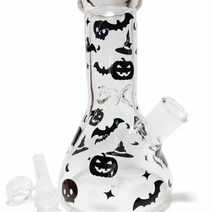 8 Inch 5mm Halloween Beaker Bong with Black Bats, Skulls and Pumpkins