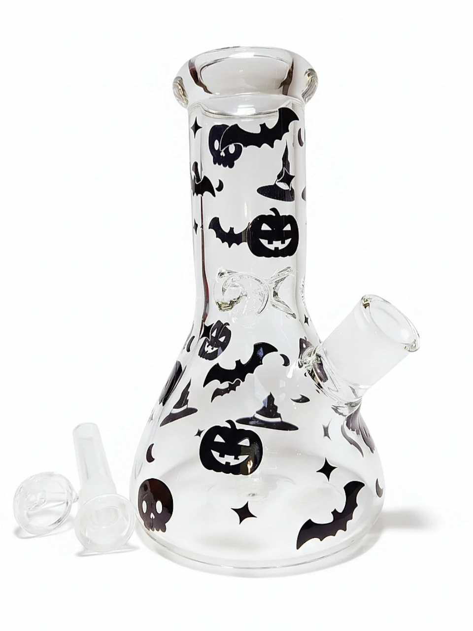 8 Inch 5mm Halloween Beaker Bong with Black Bats, Skulls and Pumpkins