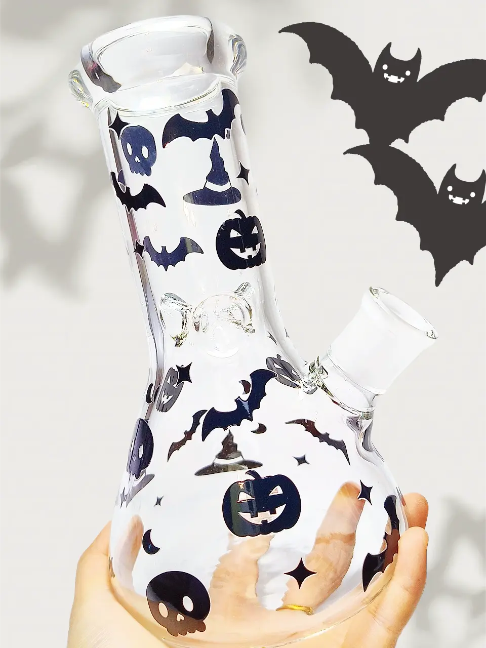 8 Inch 5mm Halloween Beaker Bong with Black Bats, Skulls and Pumpkins - Image 2