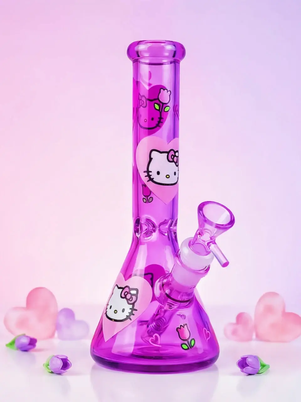 10 Inch Hello Kitty Purple Heart & Floral Borosilicate Glass Beaker Bong - Image 6