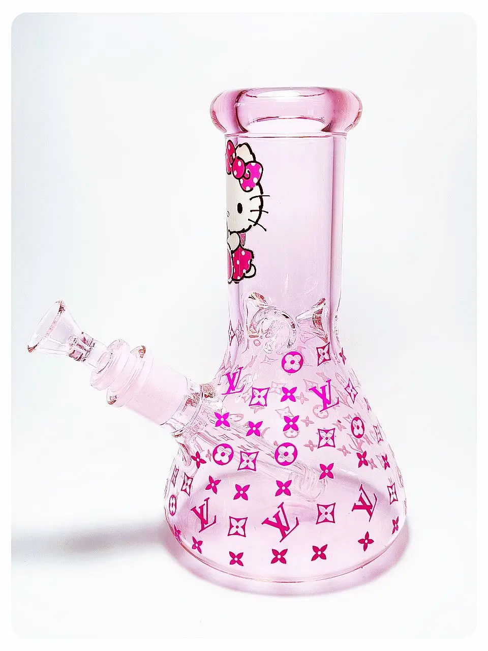 8 Inch 5mm Pink Hello Kitty LV-Inspired Beaker Glass Bong - Image 7