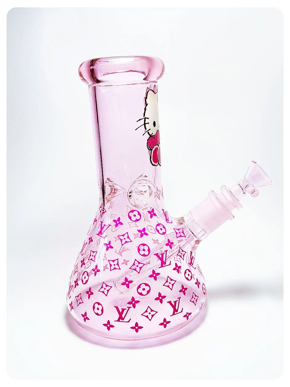 8 Inch 5mm Pink Hello Kitty LV-Inspired Beaker Glass Bong - Image 4