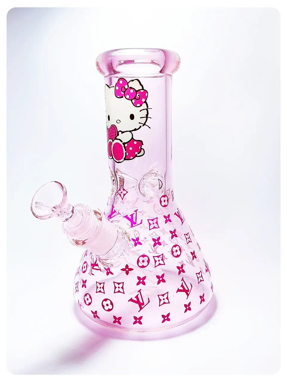 8 Inch 5mm Pink Hello Kitty LV-Inspired Beaker Glass Bong - Image 2