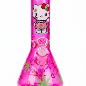 10 Inch Hot Pink Iridescent Leaf Hello Kitty Beaker Glass Bong