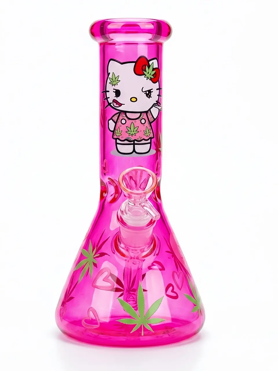 10 Inch Hot Pink Iridescent Leaf Hello Kitty Beaker Glass Bong