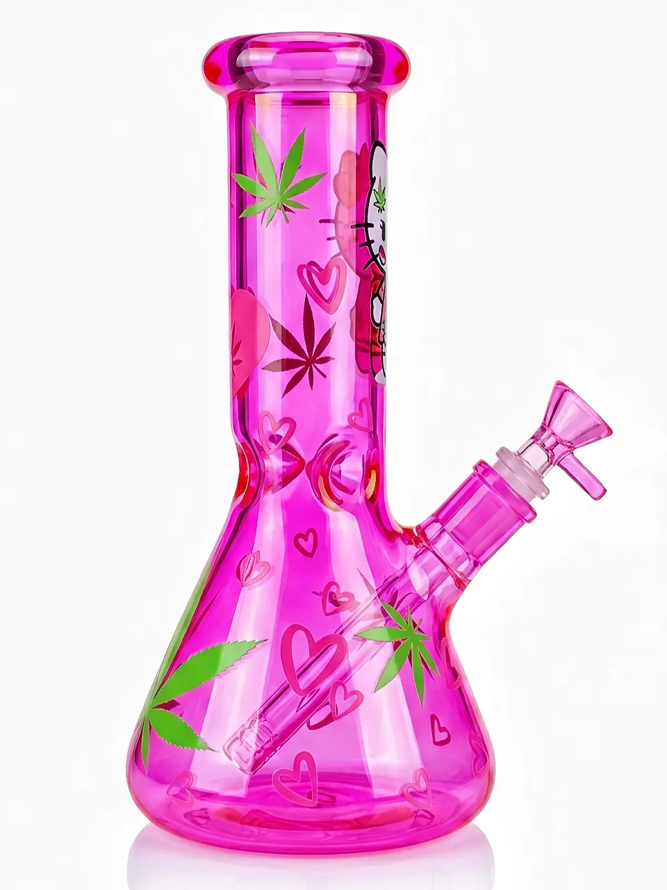 10 Inch Hot Pink Iridescent Leaf Hello Kitty Beaker Glass Bong - Image 3