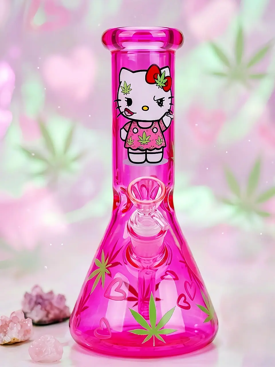 10 Inch Hot Pink Iridescent Leaf Hello Kitty Beaker Glass Bong - Image 4